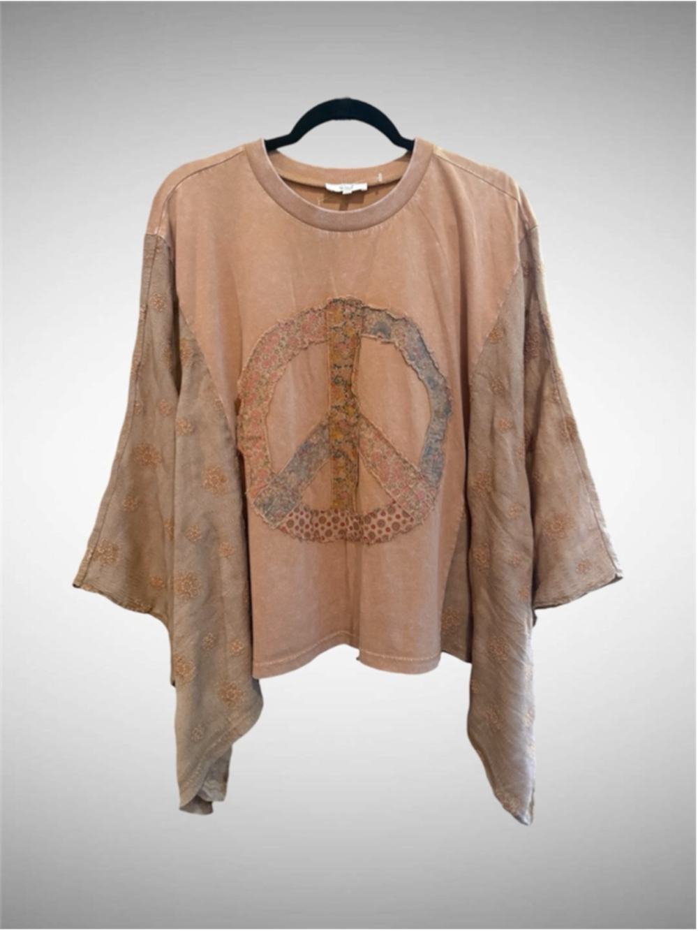 Easel Oversized Peace Path Embroidered Washed Top Size S